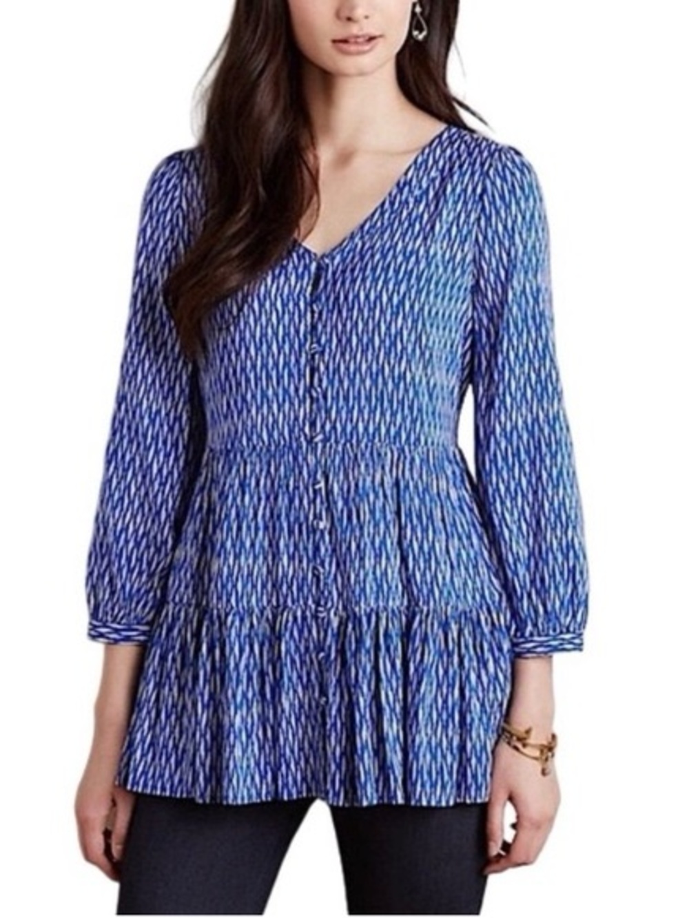 Anthropologie Maeve Blue Printed Bohemian V-Neck Button-Front Tiered Blouse
